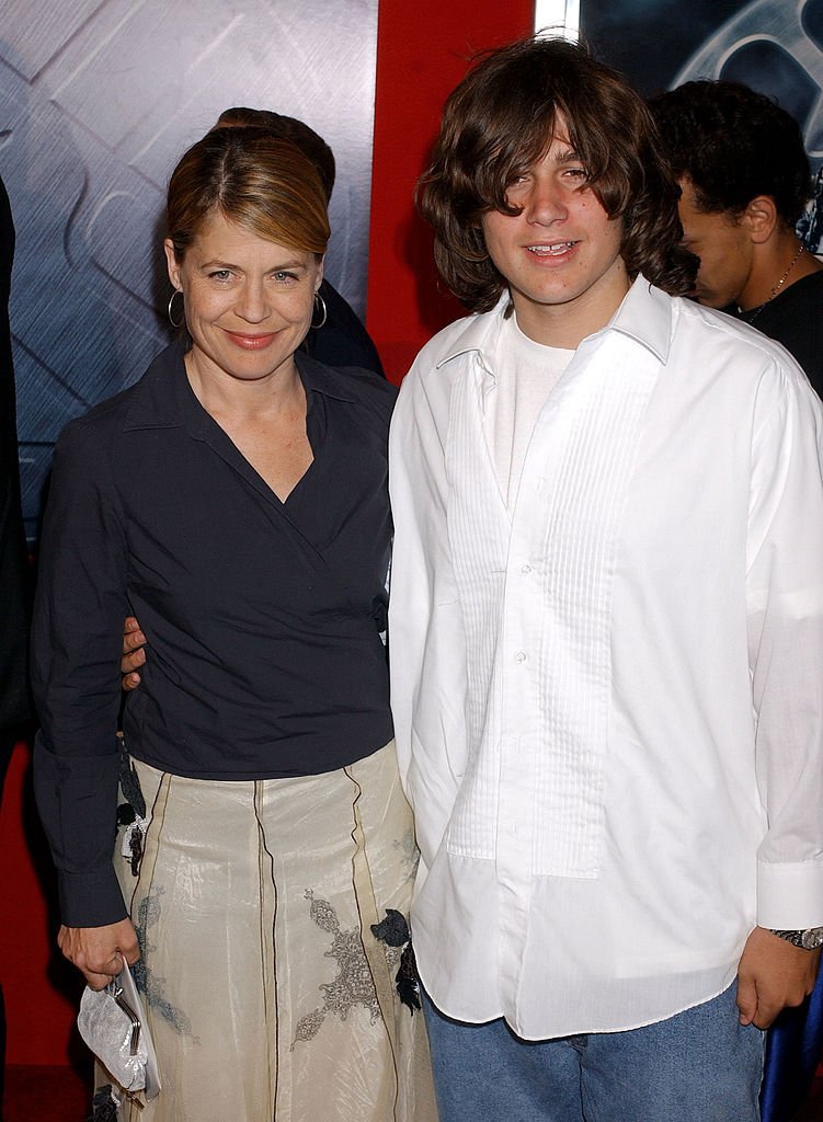 Image Credits: Getty Images / Gregg DeGuire / WireImage | Linda Hamilton and son Dalton Abbott during "Hellboy" Los Angeles Premiere - Arrivals at Village Theatre in Westwood, California, United States.