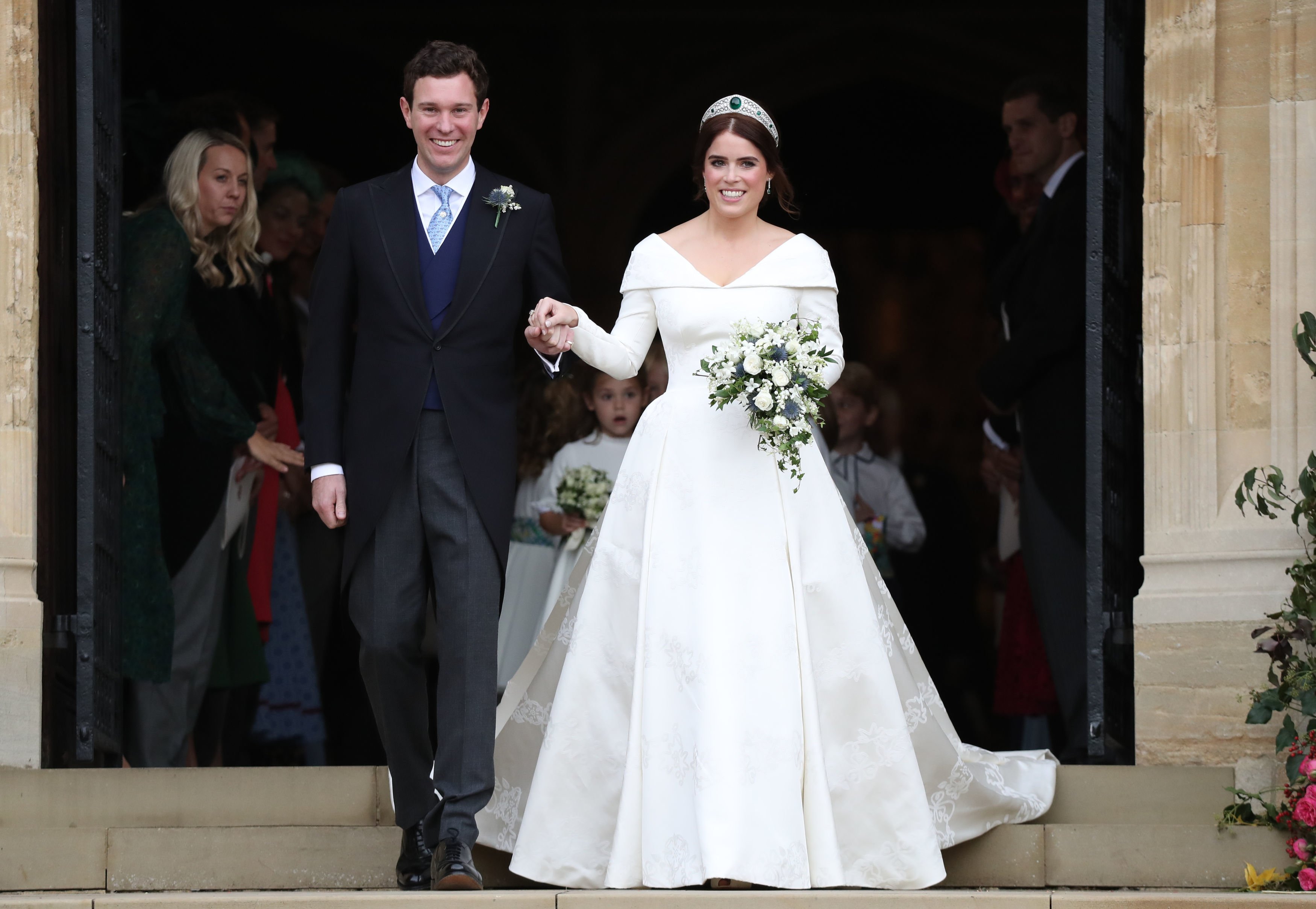 Image Source: Getty Images/WPA Pool/Princess Eugenie of York and Jack Brooksbank leave St George's Chapel in Windsor Castle following their wedding at St. George's Chapel on October 12, 2018 in Windsor, England