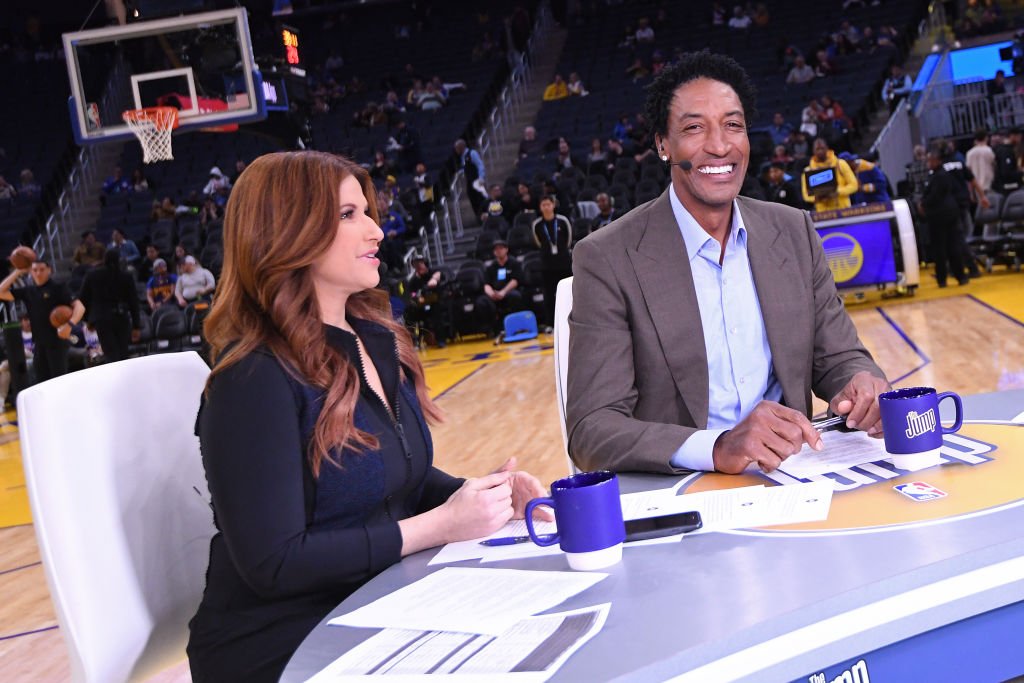 Image Credits: Getty Images / Noah Graham / NBAE | NBA Analysts, Rachel Nichols and Scottie Pippen talk before the game between the Golden State Warriors and the Philadelphia 76ers on March 7, 2020 at Chase Center in San Francisco, California.