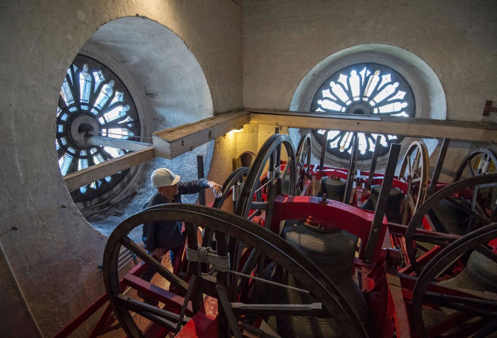 Image Credit: Getty Images / Director of Conservation Housekeeping Christopher Powell cleans a bell in Westminster Abbey's bell tower in London.