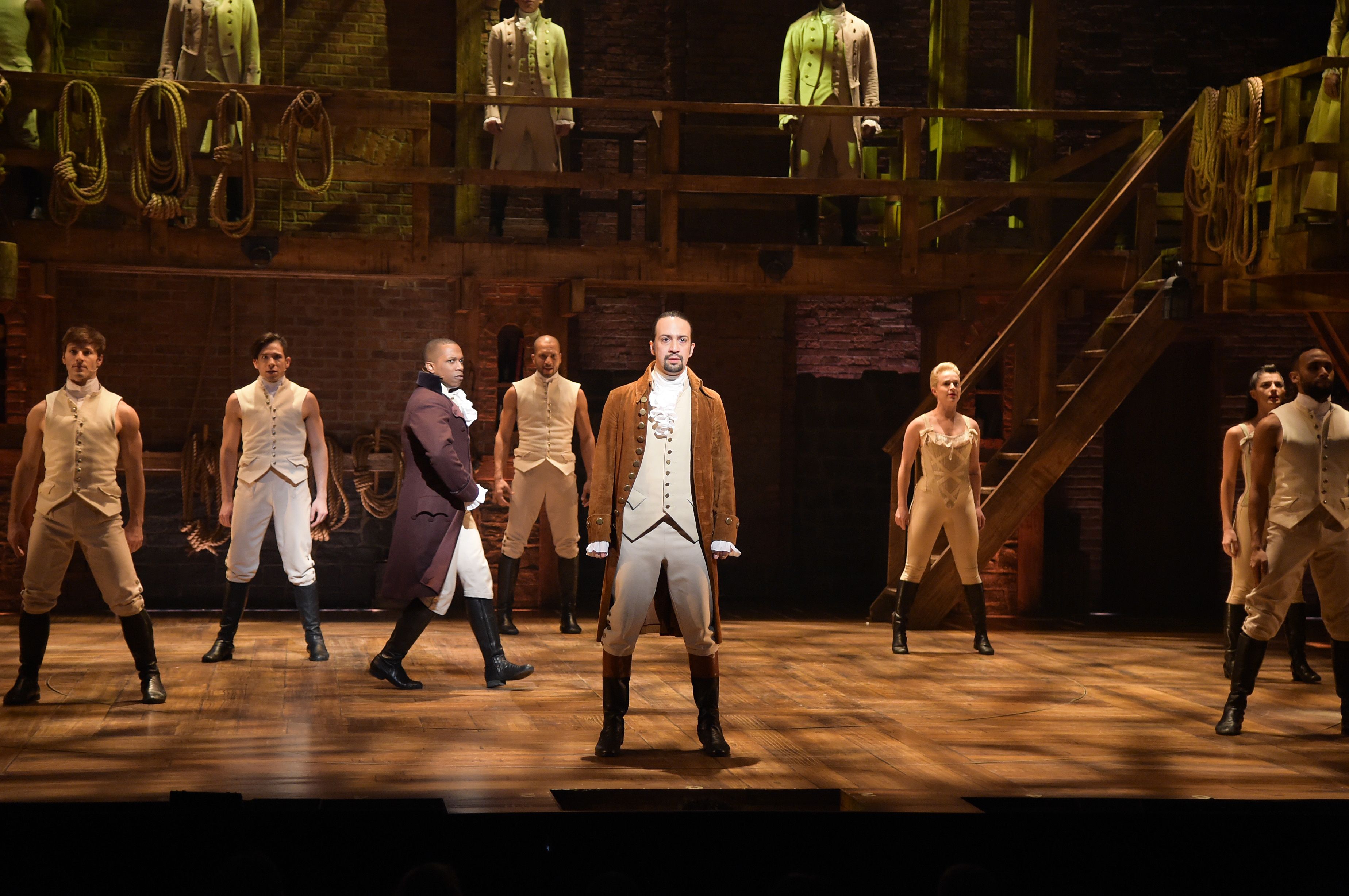 Actor, composer Lin-Manuel Miranda and cast of "Hamilton" perform on stage during "Hamilton" GRAMMY performance / Getty Images