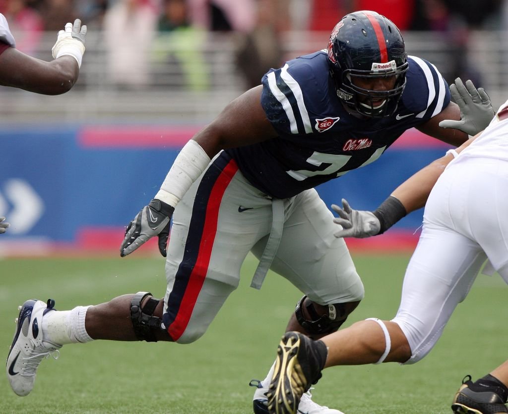 Image Source: Getty Images/Matthew Sharpe | Michael Oher #74 of the Ole Miss Rebels blocks against the Louisiana-Monroe Warhawks during their game at Vaught-Hemingway Stadium on November 15, 2008