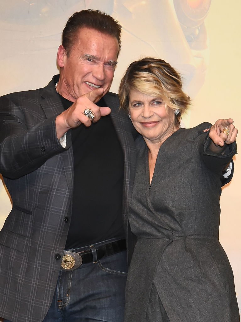 Image Credits: Getty Images / Jun Sato / WireImage | Linda Hamilton and Arnold Schwarzenegger attend the press conference for the Japan premiere of 'Terminator: Dark Fate' on November 5, 2019 in Tokyo, Japan.