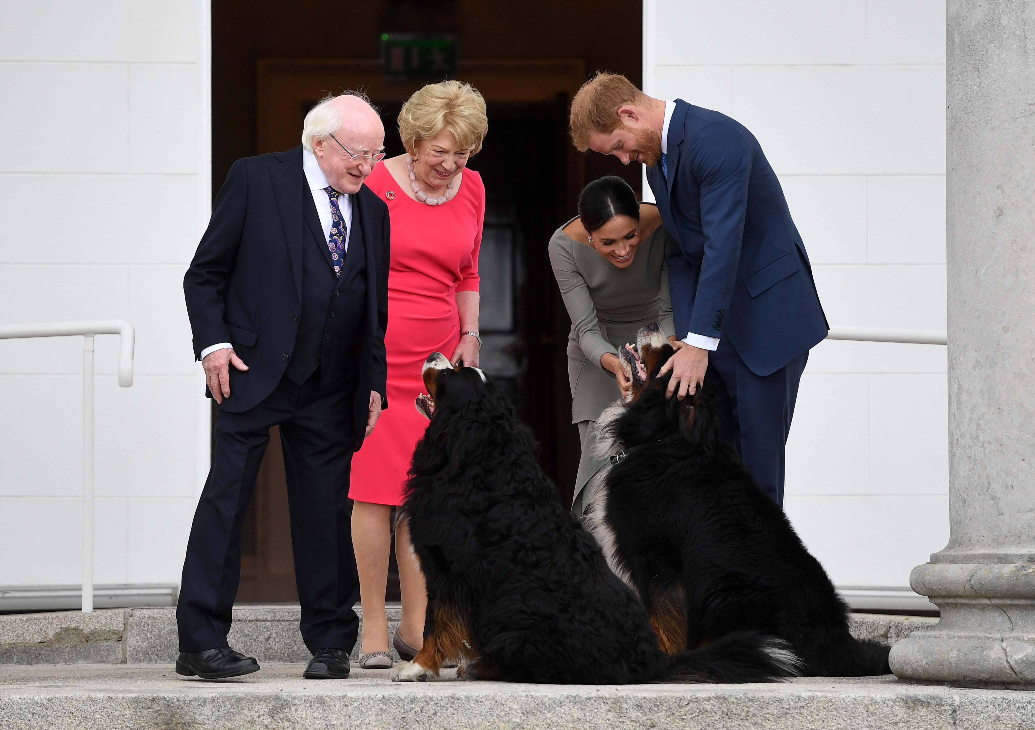 Image Credits: Getty Images / Andrew Parsons - Pool | Prince Harry, Duke of Sussex and Meghan, Duchess of Sussex meet President Michael Higgins and his wife Sabina Coyne at Aras an Uachtarain during their visit to Ireland on July 11, 2018 in Dublin, Ireland.