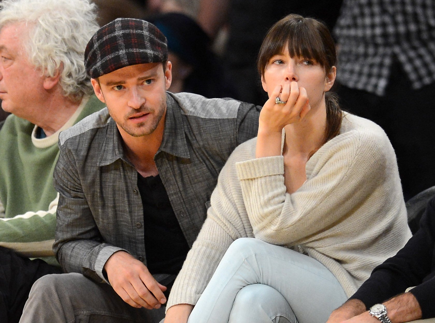 Justin Timberlake and Jessica Biel at Staples Center in Los Angeles / Getty Images