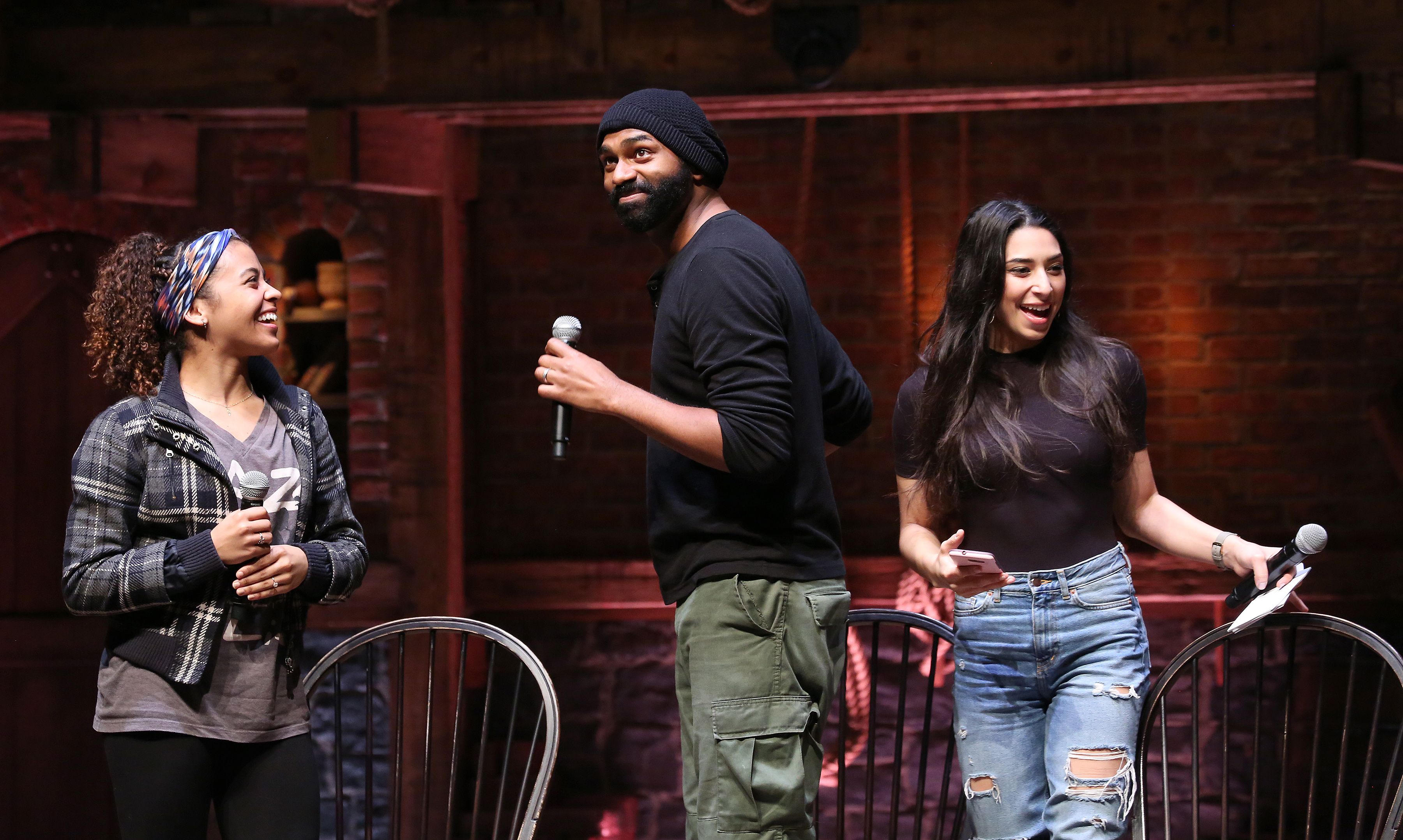 Sasha Hollinger, Nik Walker and Lauren Boyd during the 'Hamilton' cast Q & A / Getty Images