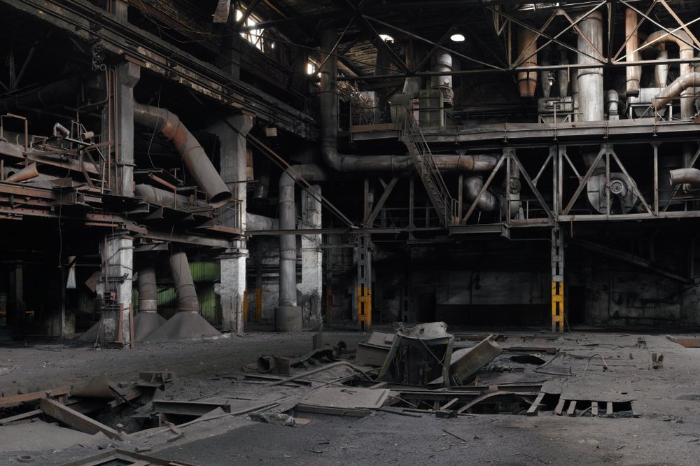 Interior of an abandoned factory with pipes and rusty metal structures, highly detailed panorama. | Shutterstock Interior of an abandoned factory with pipes and rusty metal structures, highly detailed panorama. | Shutterstock