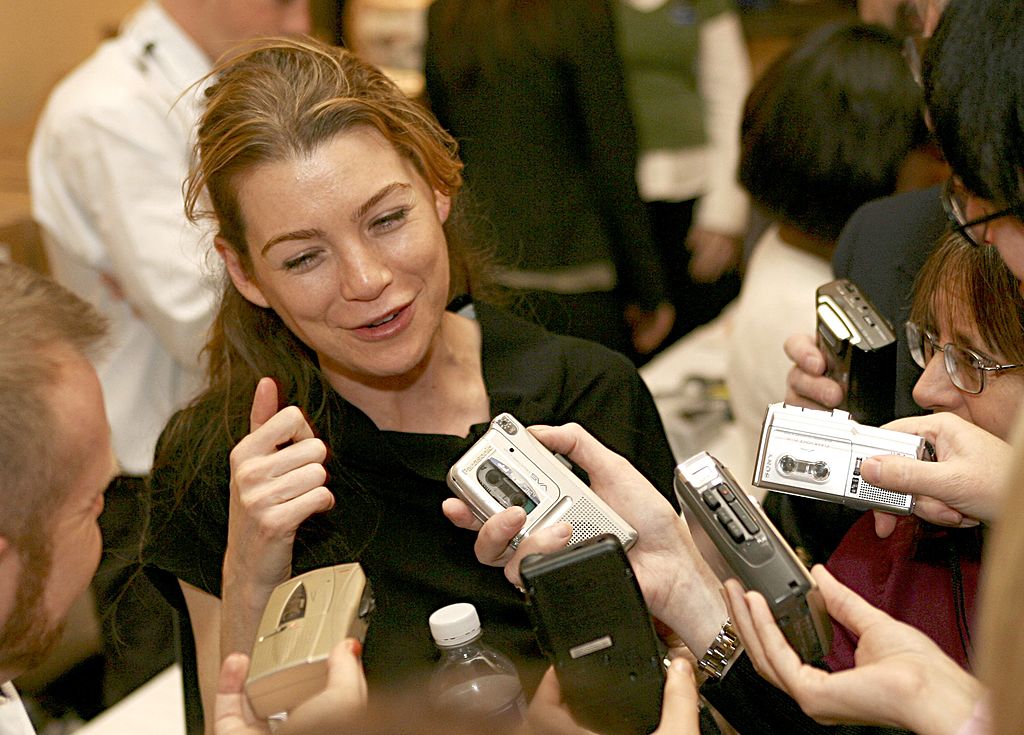 Image Credit: Getty Images/Frederick M. Brown | Ellen Pompeo answering questions for the press while promoting Grey's Anatomy