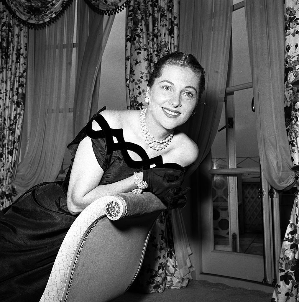 Image Source: Getty Images/Popperfoto/The actress at a press reception area for her 1955 film, “This is My Man"