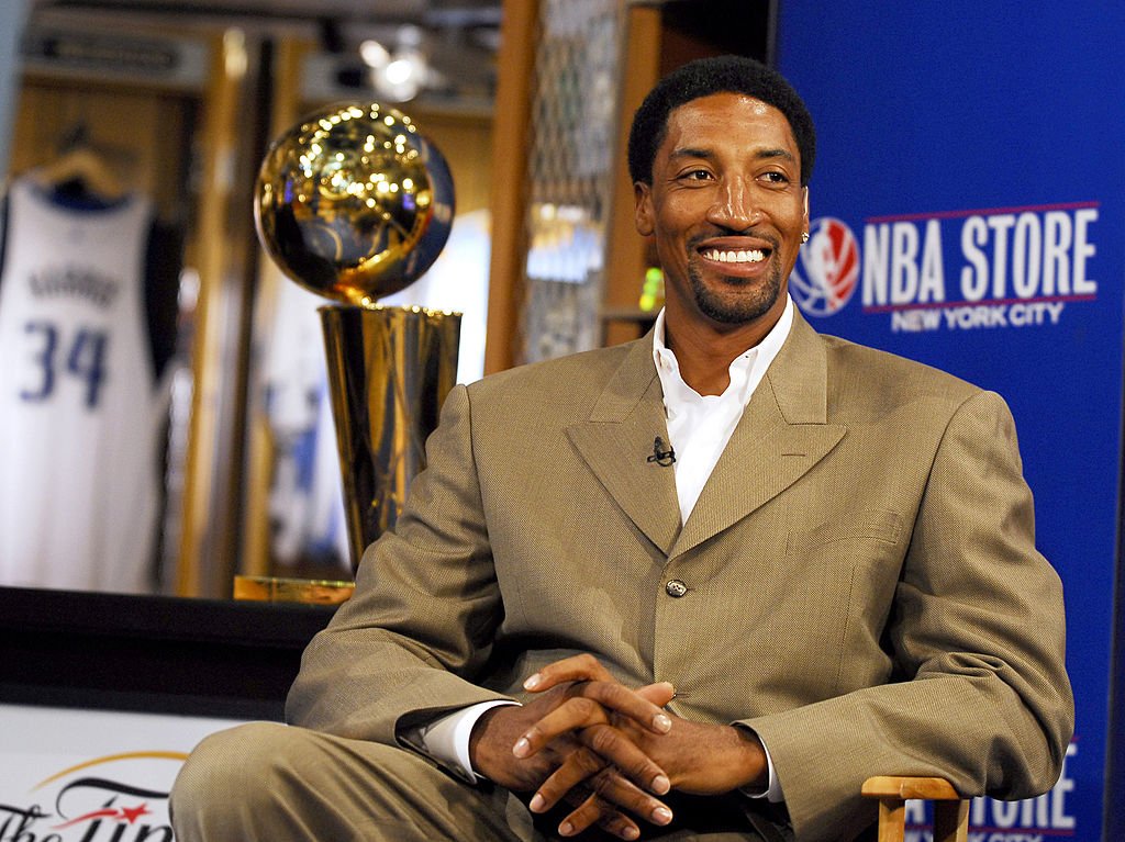 Image Credits: Getty Images / Jemal Countess / WireImage | Scottie Pippen with The 2006 NBA Finals Trophy during NBA Legends Scottie Pippen and Walt "Clyde" Frazier Announce 2006 Finals Trophy Tour at NBA Store in New York City, New York, United States.