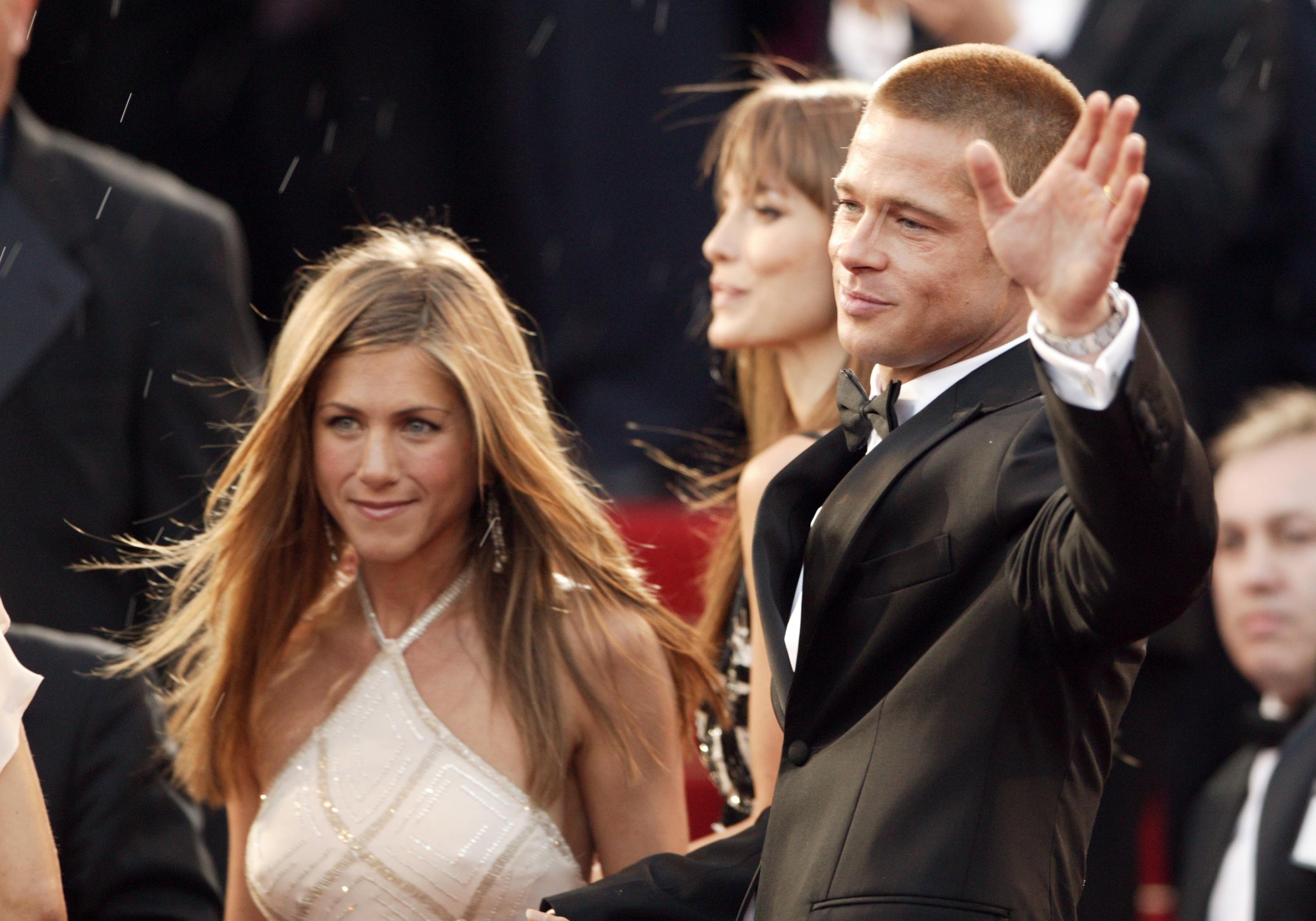 Image Credits: Getty Images / Dave Hogan | Actors Brad Pitt and Jennifer Aniston attend the World Premiere of epic movie "Troy" at Le Palais de Festival on May 13, 2004 in Cannes, France. Image Credits: Getty Images / Dave Hogan | Actors Brad Pitt and Jennifer Aniston attend the World Premiere of epic movie "Troy" at Le Palais de Festival on May 13, 2004 in Cannes, France.