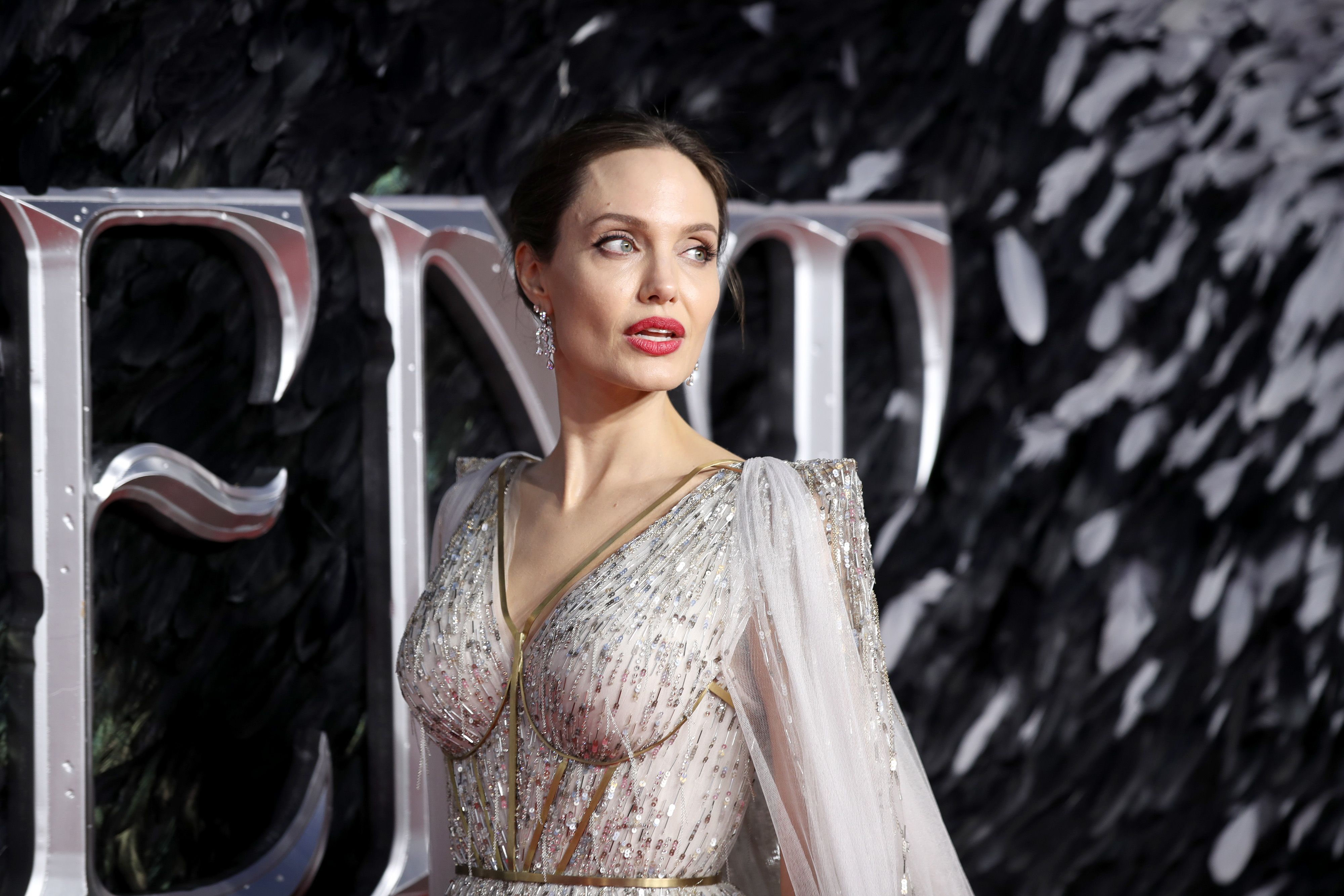 Angelina Jolie attends the Maleficent: Mistress of Evil European Premiere at the BFI Imax, Waterloo. (Photo by Gary Mitchell/SOPA Images/LightRocket via Getty Images)