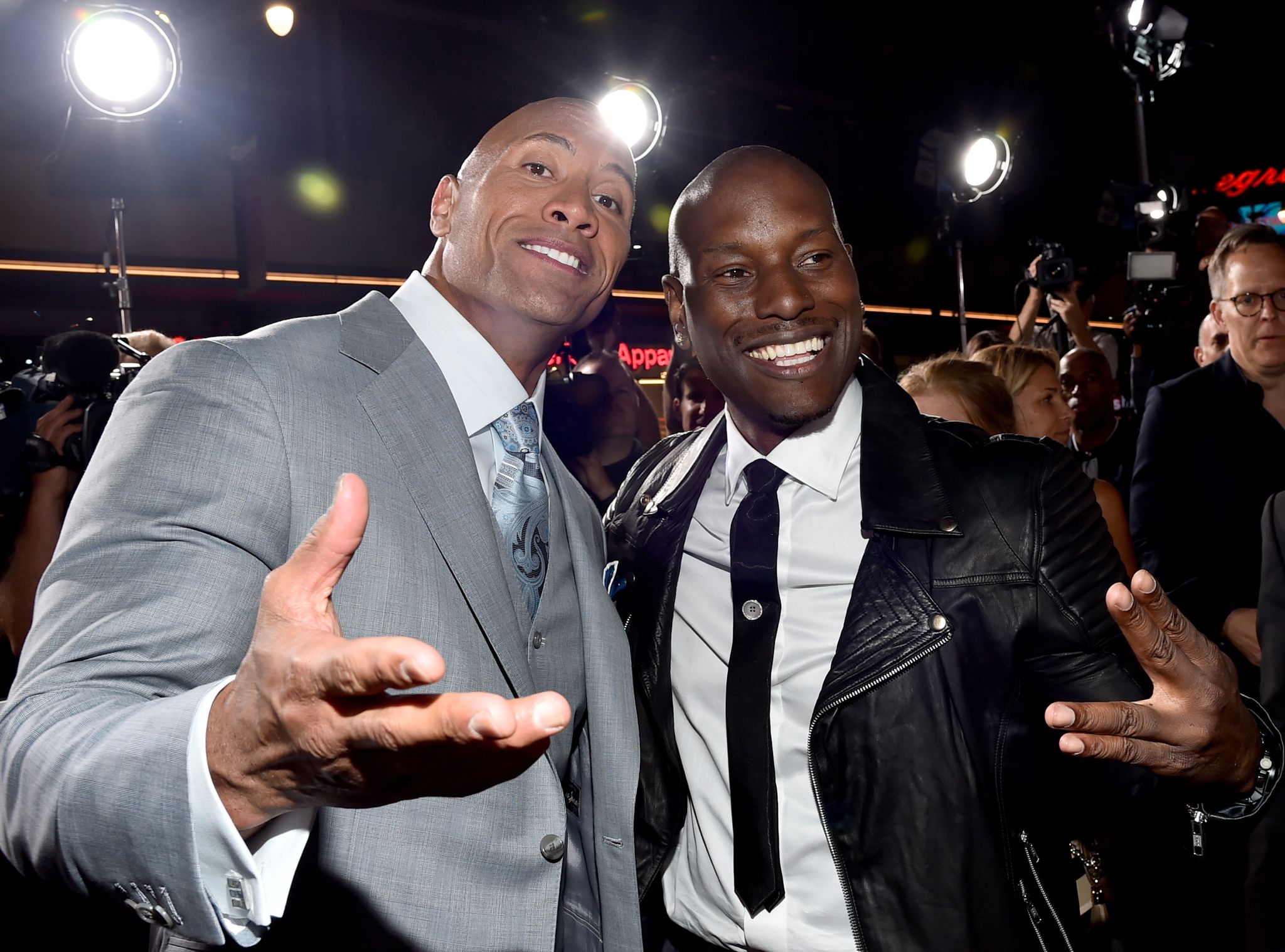 Dwayne 'The Rock' Johnson and Tyrese Gibson attend Universal Pictures' "Furious 7" premiere / Getty Images