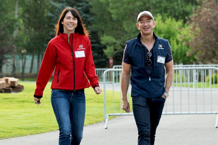 Image Credits: Getty Images / Kevork Djansezian | Jeff Bezos, founder and CEO Amazon.com, and Mackenzie Bezos.