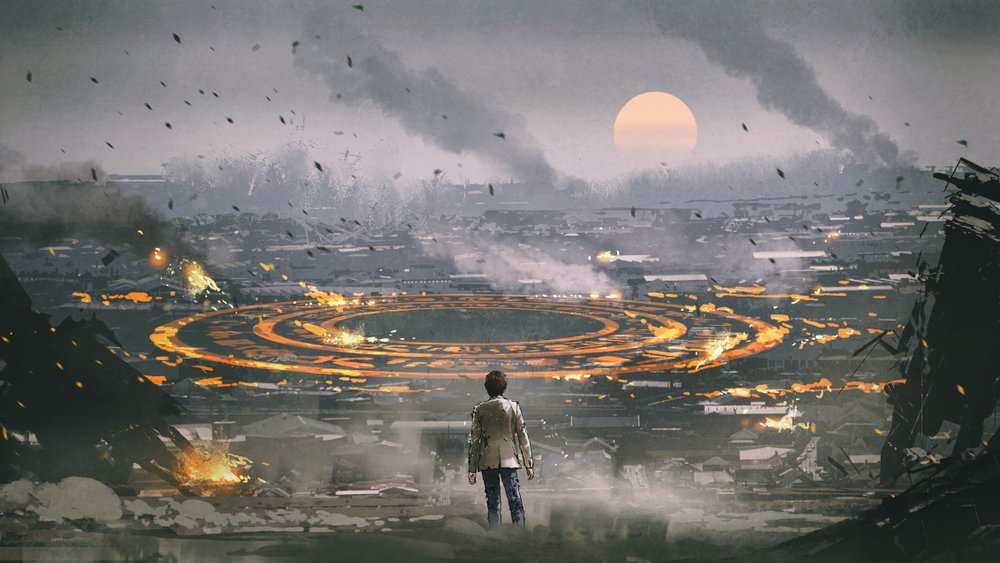 Post apocalypse scene showing the man standing in ruined city | Shutterstock