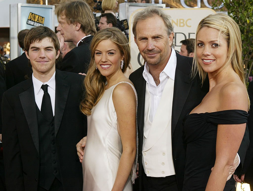 Image Source: Getty Images/Actor Kevin Coster (center right) arrives with his son Joe, daughter Lily and fiance Christine Baumgartner at the 61st Annual Golden Globe Awards at the Beverly Hilton Hotel on January 25, 2004 in Beverly Hills, California