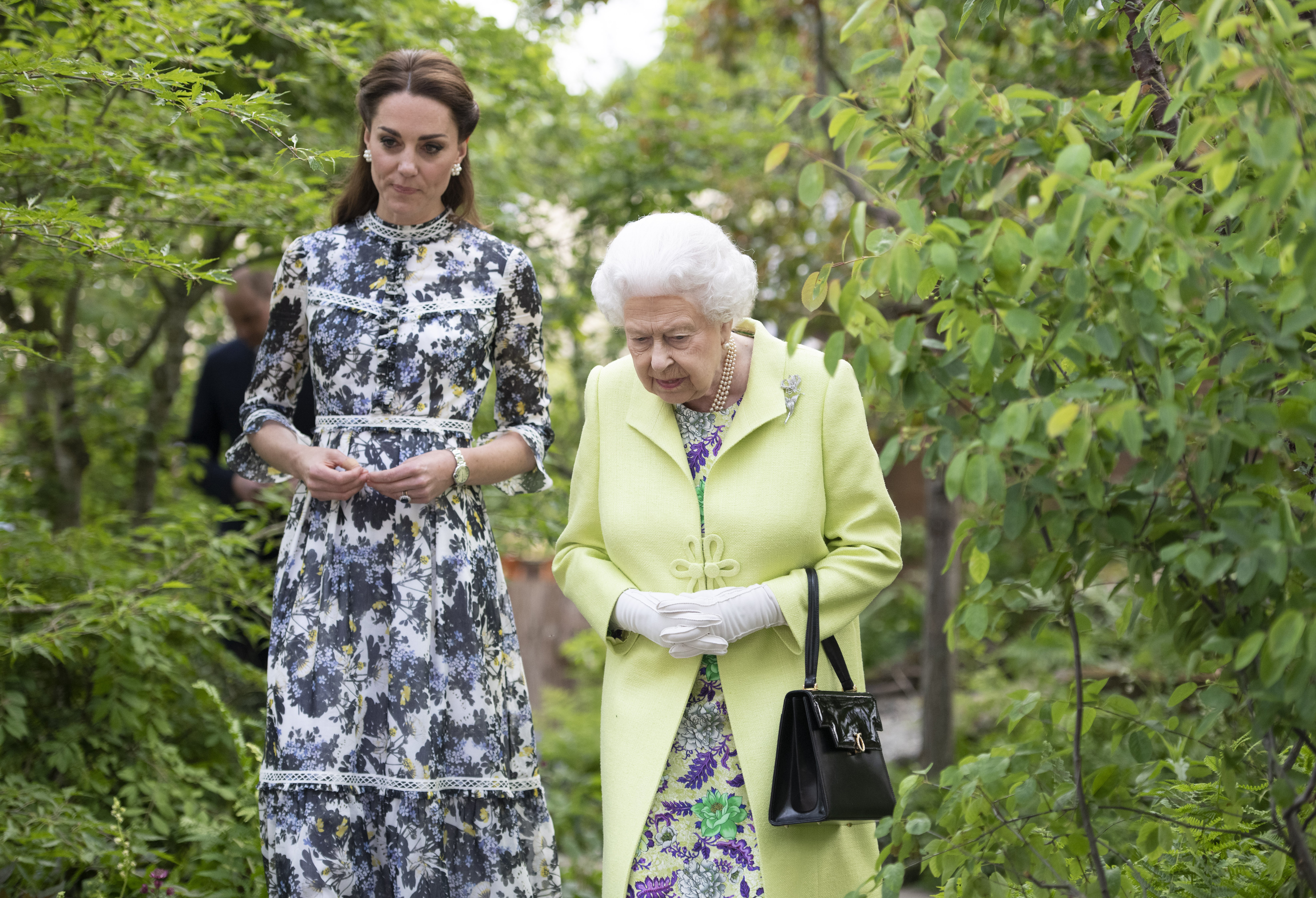 Queen Elizabeth II and Catherine, Duchess of Cambridge at the RHS Chelsea Flower Show 2019 press day at Chelsea Flower Show on May 20, 2019 in London, England.